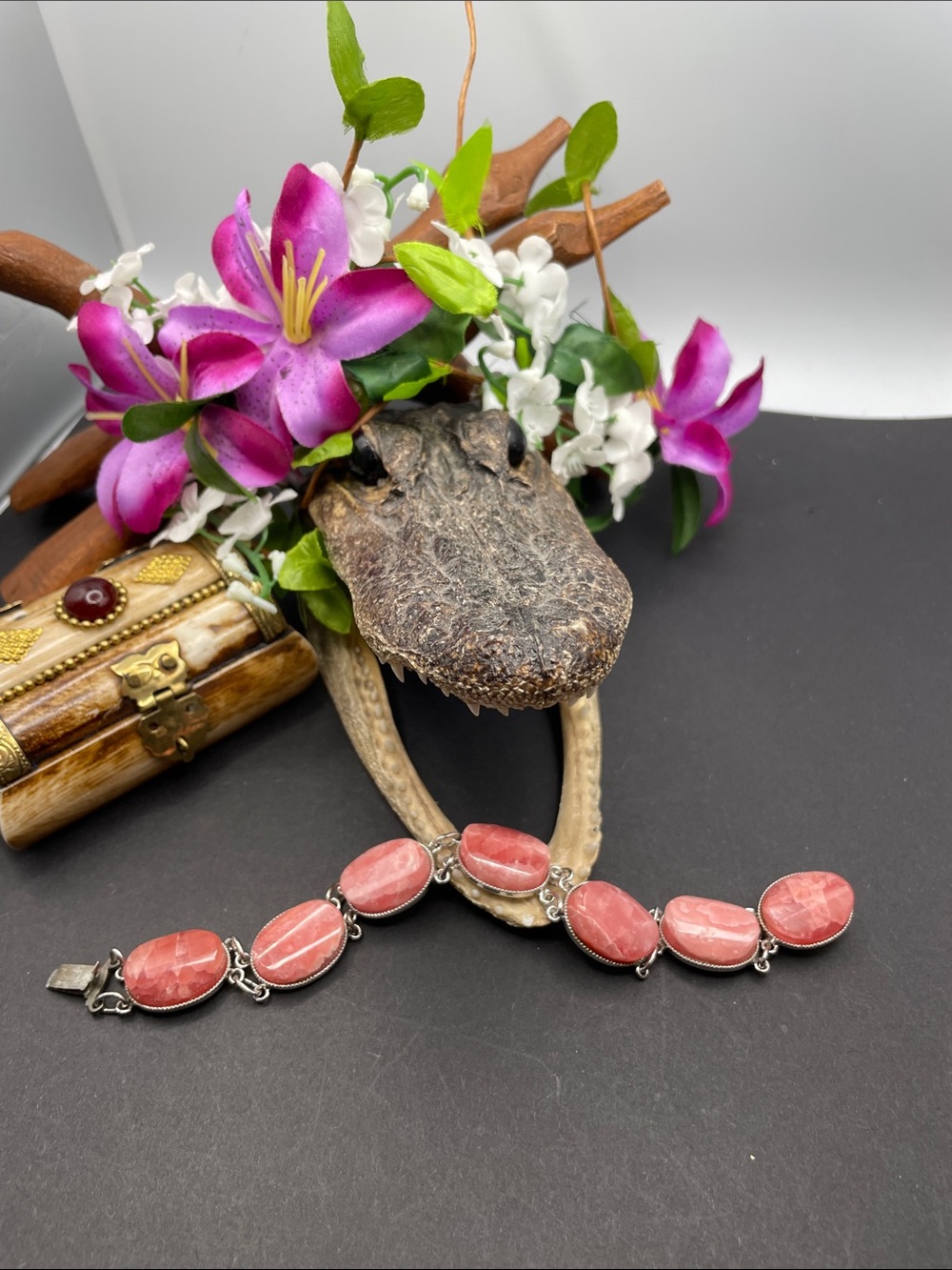 Rhodochrosite 800 silver linked bracelet